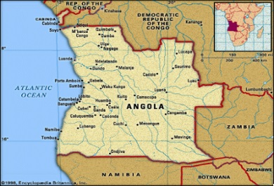 Mapa de Angola, su localización y sus provincias. 