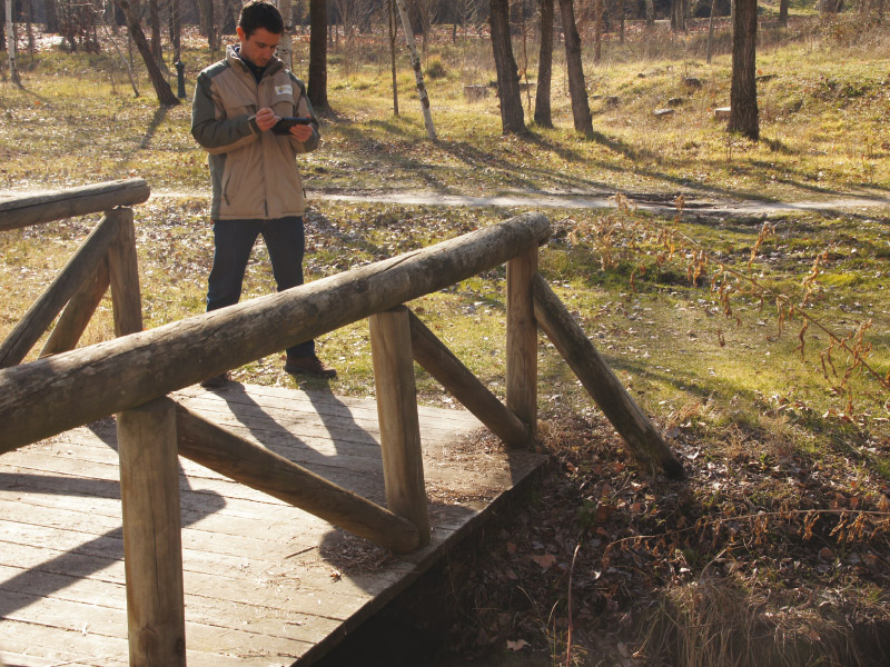 Técnico de campo manejando dispositivo móvil