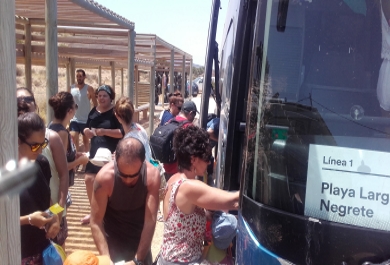 Visitantes subiendo al autobús que los llevará al Parque Regional 